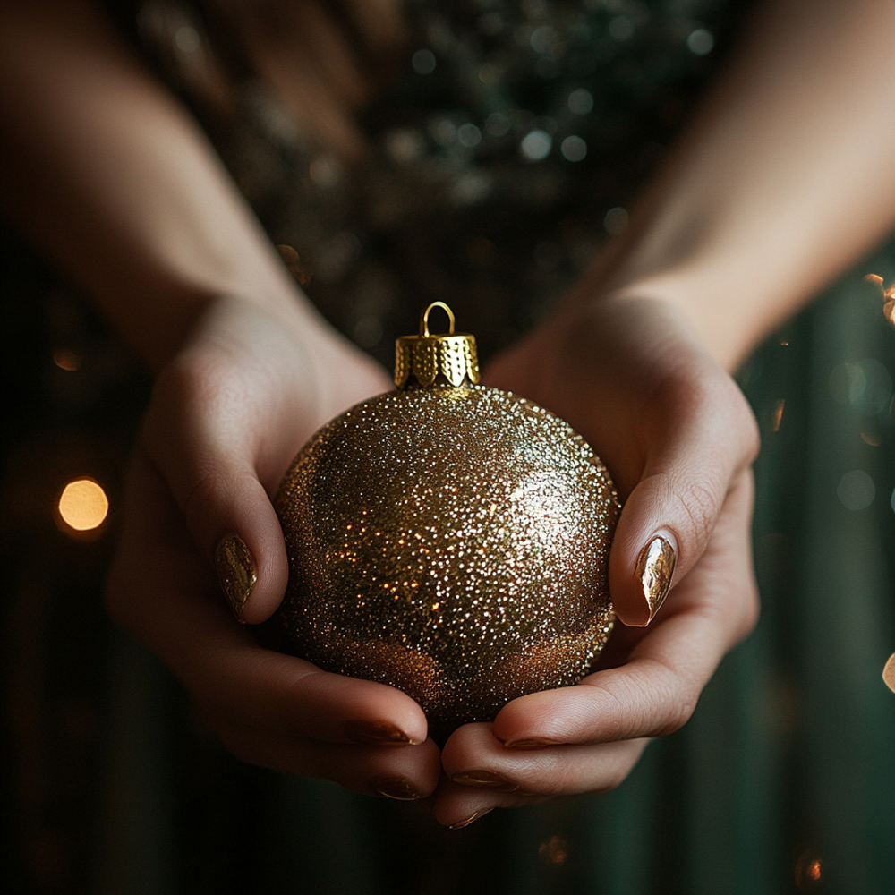 Närbild på ett par händer som håller i en guldglittrig julgranskula av en person i mörkgrön festklänning. 