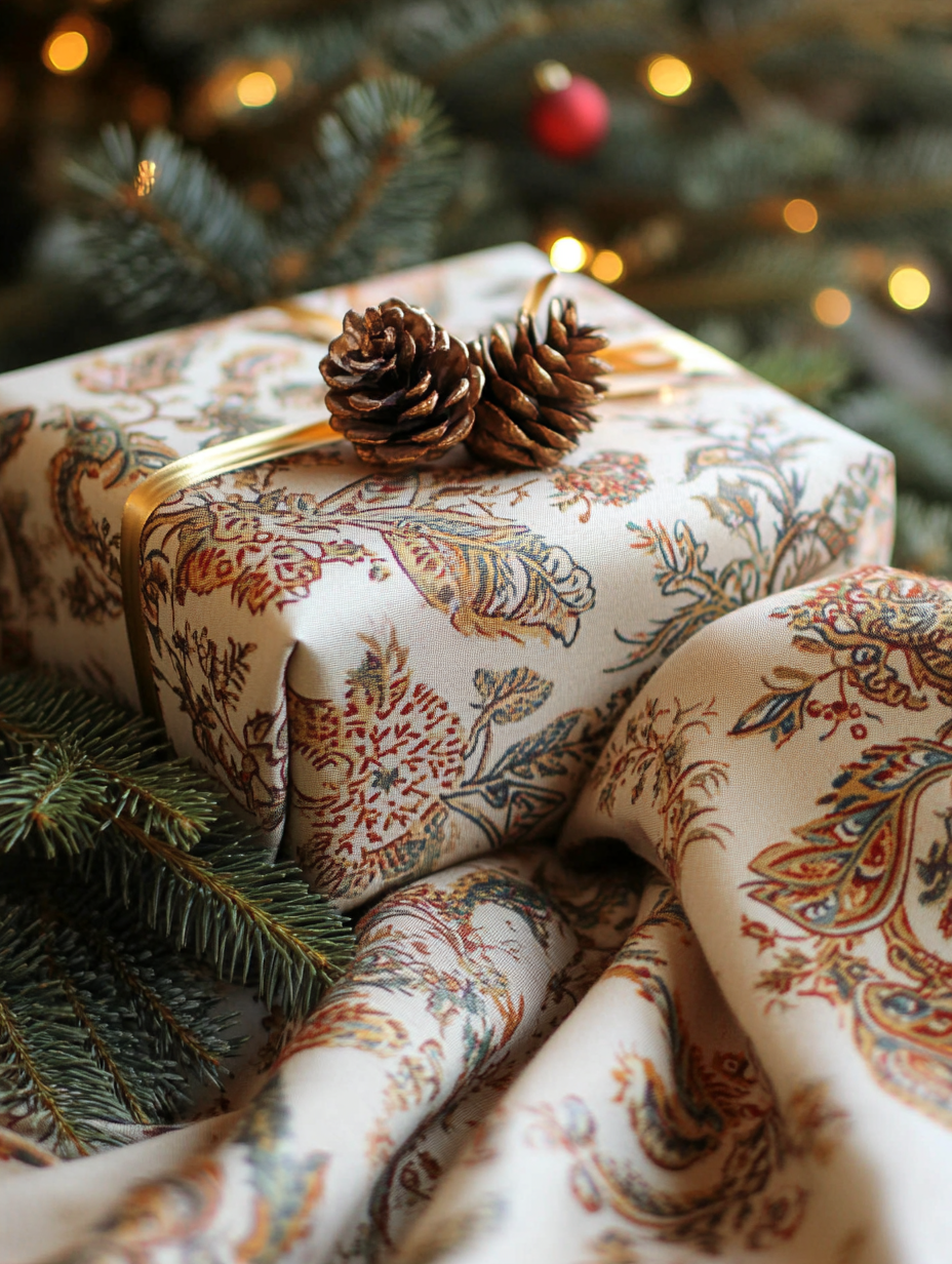 En julklapp inslagen i paysleymönstrat ljust tyg dekorerad med kottar och ett sidenband. 