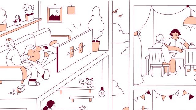 Illustration på olika hem där ett par tittar på film på sin tv.